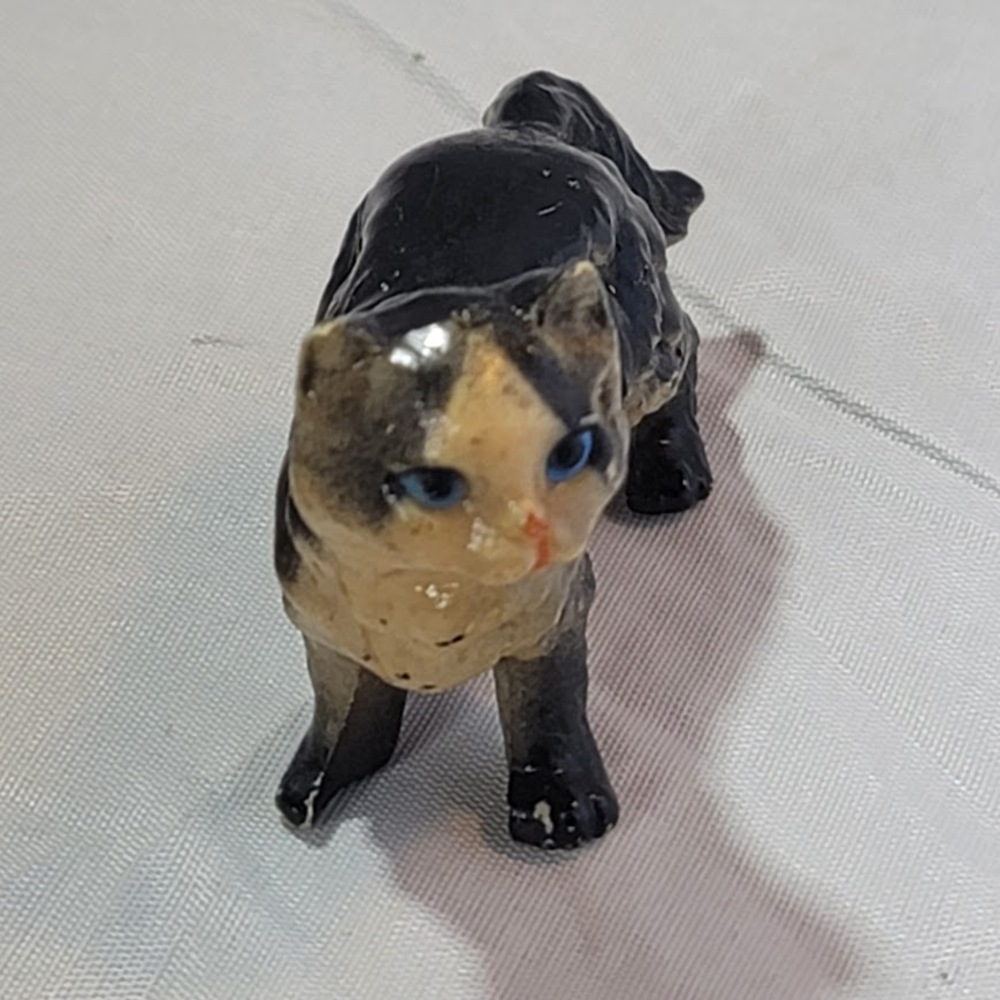 Vintage Celluloid standing mini Cat fluffy home decor 2"